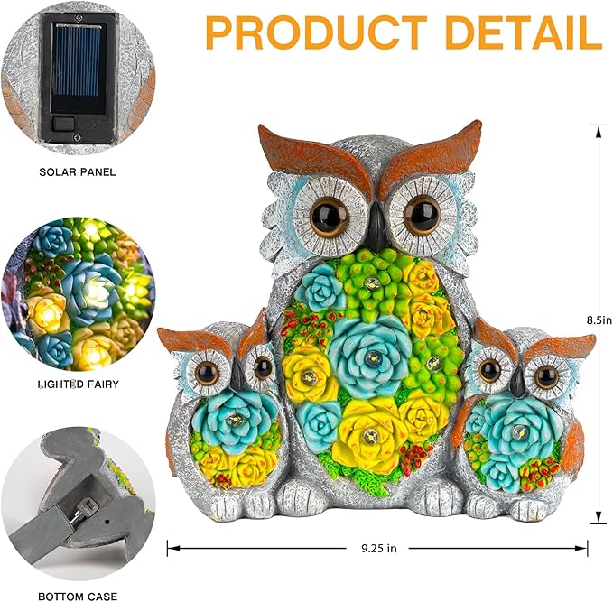 Candieslife Solar Garden Statue Owl Decor – Cute Owl Family Figurines with LED Succulent Lights, Waterproof Outdoor Yard Art Ornaments for Patio, Lawn, Porch, Housewarming Gifts for Women Mom