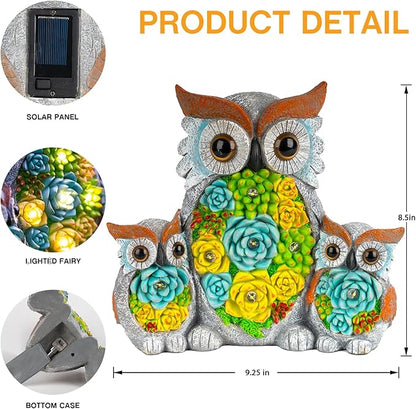 Candieslife Solar Garden Statue Owl Decor – Cute Owl Family Figurines with LED Succulent Lights, Waterproof Outdoor Yard Art Ornaments for Patio, Lawn, Porch, Housewarming Gifts for Women Mom