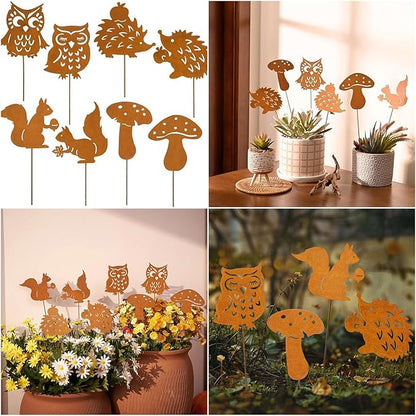 Iron Animal Decorative Garden Stake Set Rusted Yard Ornaments for Indoor/Outdoor Backyard Decor Iron Garden Sculptures Outdoor