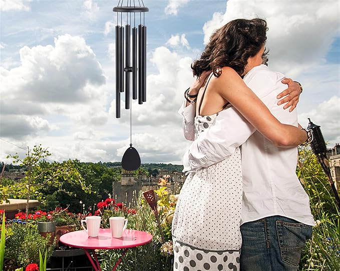 Metal WindChimes for Outside, 6 Tubes - 32 Inch Black Windchime, Weatherproof & Rustproof Outdoor Wind Chimes, Garden, Patio, Porch - Soothing Decorative Wind Chime, Unique Gift Idea
