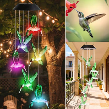 Solar Wind Chime,Hummingbird Solar Wind Chimes for Outside,Color Changing Solar Powered Wind Chimes for Outside,Outdoor Decorative Mobile Lights for Garden,Patio,Window