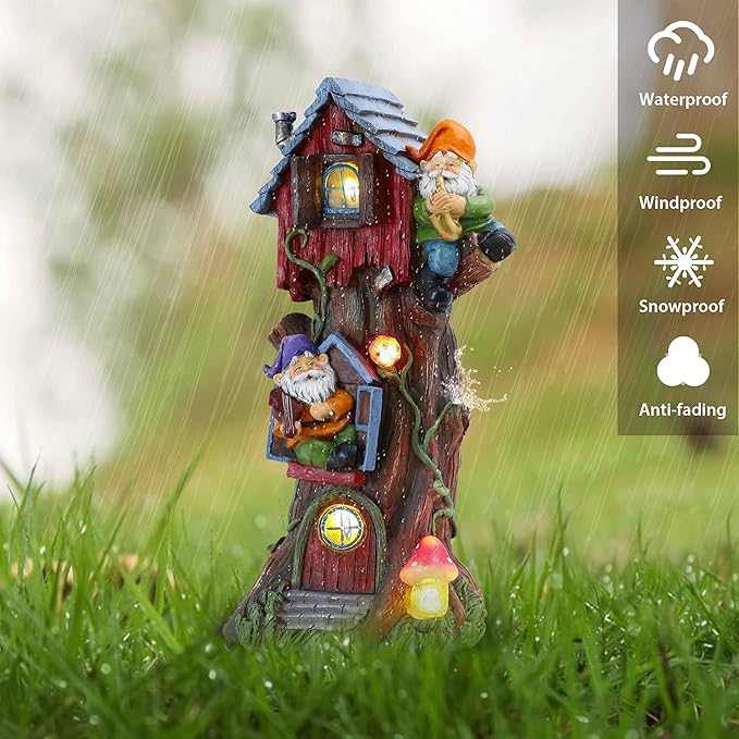 TERESA'S Collections 11" Tall Large Garden Statues Gnome Treehouse with Solar Outdoor Light, Garden Sculptures Statues Figurines Resin Garden Decor Lawn Ornaments Patio Yard Decor Gifts for Mom