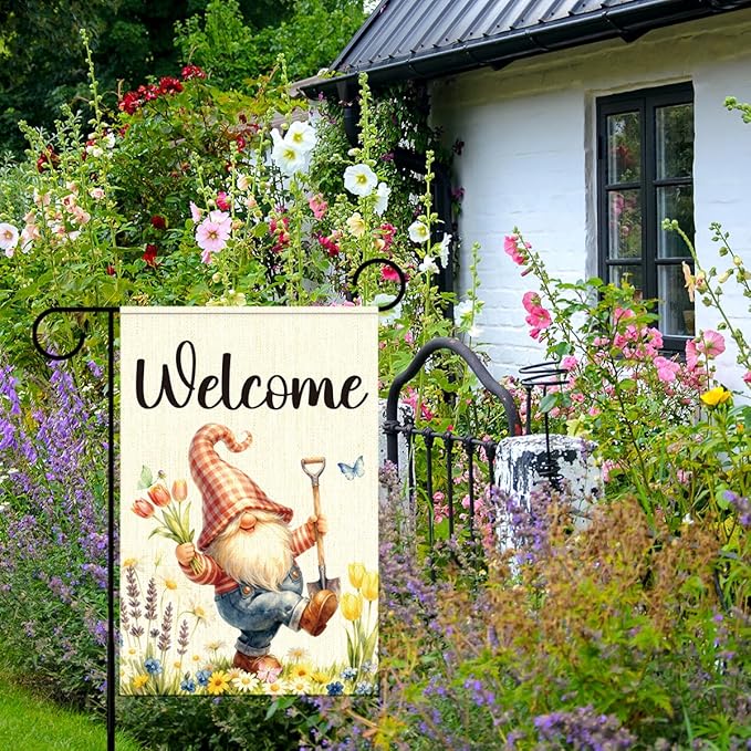 Gnome Spring Garden Flags for Outside,Welcome Spring Garden Flag Yard Lawn Porch Flags for Outdoor Decorations 12x18 Inch Double Sided