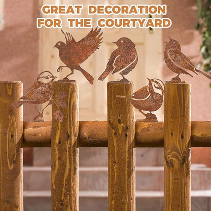 5PCS Rusty Metal Birds Decorations, Garden Yard Art Outdoor Ornaments, Bird Silhouette Statues for Fence Trees, Rustic Cardinal Gifts Spring Decorations (Style A)