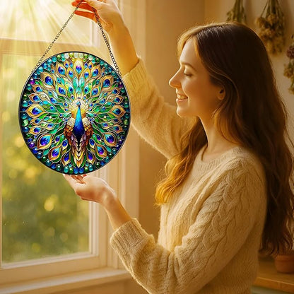 Stained Glass Window Hanging, LAOWEIKI 8'' Peacock Suncatcher, Stained Glass Ornament, Suncatchers for Windows Hanging, Window Decor, Outdoor or Indoor, Gifts for Women, Lovers, Couple, Friend, Bestie