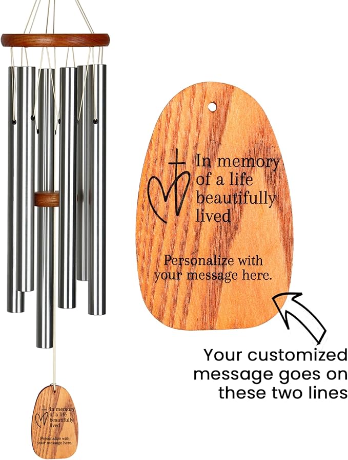 Woodstock Wind Chimes Personalized Amazing Grace Memorial Chime for Outside 24'' Medium Silver Sympathy Customized Heart Cross Inspirational Wind Chime for Outdoor Patio Home Garden Decor (P-AGMS27)