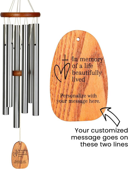 Woodstock Wind Chimes Personalized Amazing Grace Memorial Chime for Outside 24'' Medium Silver Sympathy Customized Heart Cross Inspirational Wind Chime for Outdoor Patio Home Garden Decor (P-AGMS27)