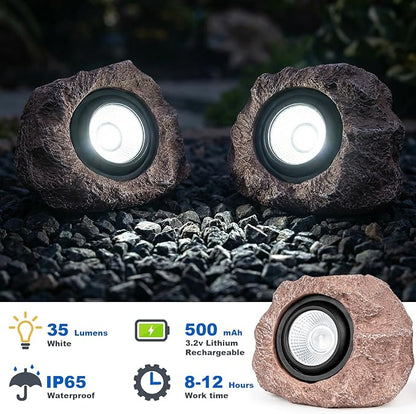 Solar Rock Lights Outdoor – 2 Pack Waterproof LED Landscape Garden Spotlights, Realistic Stone Design, Wireless Solar Powered Pathway Lights for Yard, Walkway, Patio & Lawn Decoration (Auto On/Off)