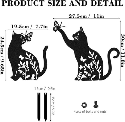 Set of 2 Metal Black Cats Decorative Garden Stakes, Cats Garden Art Decor Ornaments for Yard Lawn Patio Outdoor, Black Cat Sculpture Silhouette Statues, Cat Themed Gifts for Women & Cat Lover