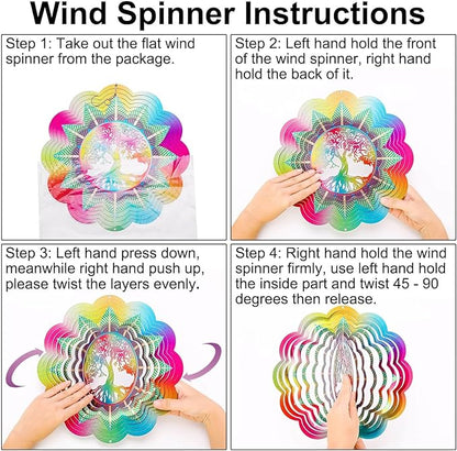 Wind Spinners Outdoor Garden Decor, 12In Stainless Steel Spinfinity Wind Spinner, Wind Chimes for Outside, 3D Kinetic Hanging Sculpture Suncatcher, Metal Yard Art Ornament, Tree of Life Decor