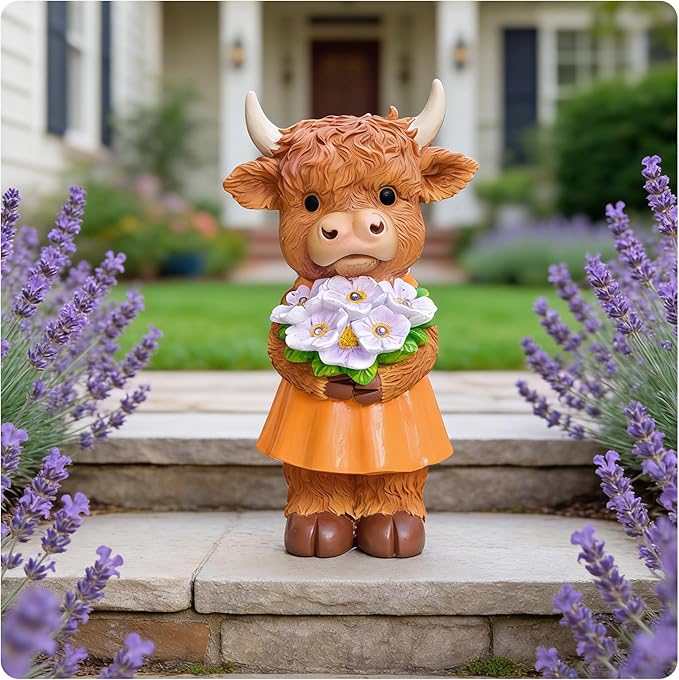 Solar-Powered Resin Highland Cow Statue with Orange Skirt & Light-Up Purple Flower Bouquet - Garden Decor for Patio, Lawn, Porch or Entryway