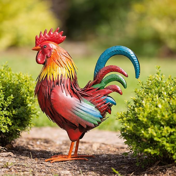 Ratuor Rooster Garden Statue Sculpture Metal Chicken Yard Decor Outdoor Figurines Patio Backyard Decoration (red)