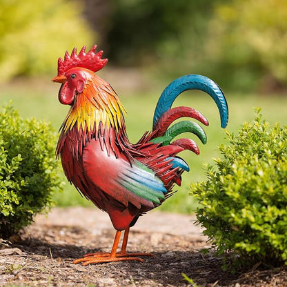 Ratuor Rooster Garden Statue Sculpture Metal Chicken Yard Decor Outdoor Figurines Patio Backyard Decoration (red)