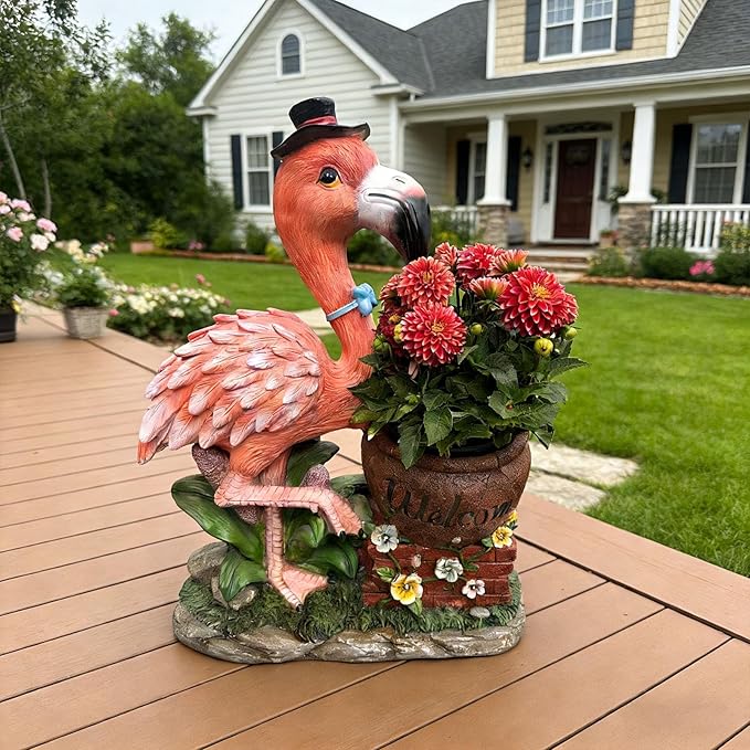 Flamingo Garden Statue Planter with Welcome Sign & Solar LED Light, Waterproof Outdoor Resin Yard Decor, Front Porch Ornament Housewarming Gift(Left Pink Flamingo)