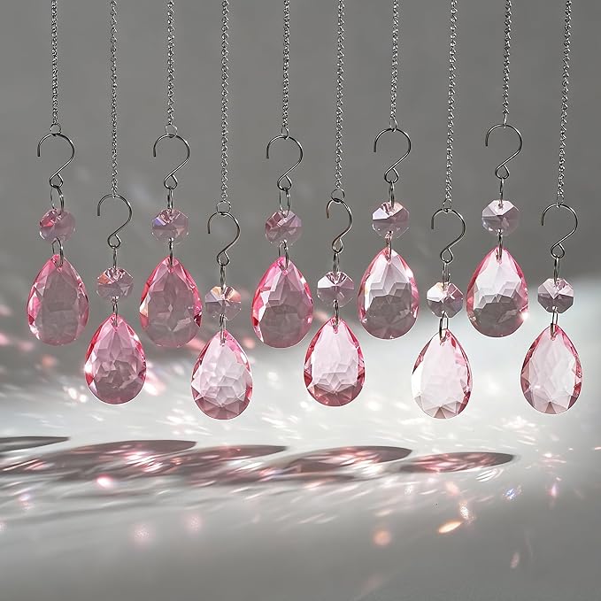 H&D HYALINE & DORA 3Inch Crystal Suncatcher Bauhinia Prisms Pendants 10Pcs Chandelier Crystals Replacement Hanging Sun Catcher Beads for DIY Arts Crafts Decor (Pink)