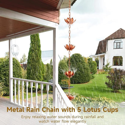 OMISTAR Rain Chain with 5 Lotus Cups, Hanging Outdoor Gutter Rain Chain, Decorative Downspout with Lotus Flowers & Yellow Gemstone Pendant, 47 in Rain Chain for Garden, Patio, Porch, Yard