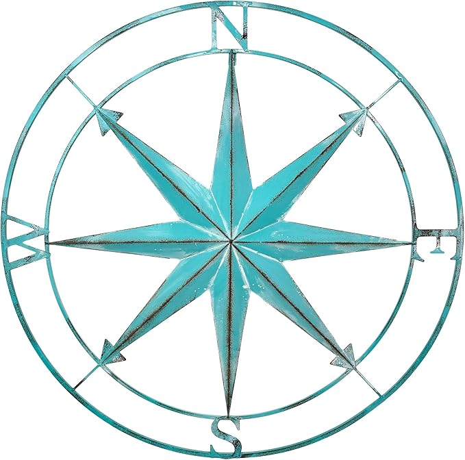 Zeckos 39 Inch Aqua Metal Compass Rose Wall Decor, Large Distressed Nautical Wind Rose Wall Sculpture with Keyhole Hanger for Coastal Entryway, Living Room, Bedroom or Covered Patio