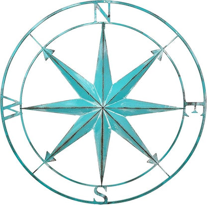 Zeckos 39 Inch Aqua Metal Compass Rose Wall Decor, Large Distressed Nautical Wind Rose Wall Sculpture with Keyhole Hanger for Coastal Entryway, Living Room, Bedroom or Covered Patio