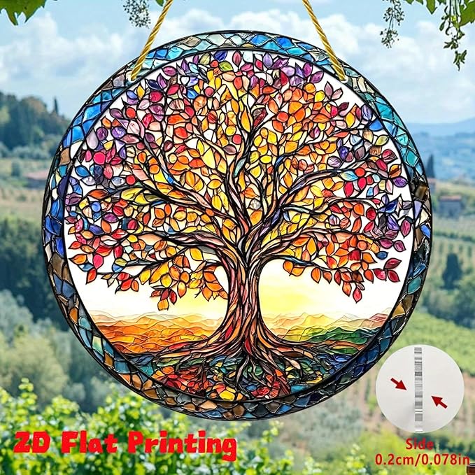 Tree of Life Suncatcher 7.87 Inch Sun Catcher Window Hanging Acrylic Stained Glass Suncatchers for Windows Decorations Indoor Outdoor for Home Garden Wedding，Housewarming Gift for Mom