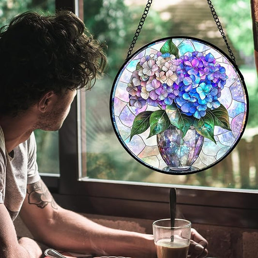 Stained Glass Window Hanging, Blue Purple Hydrangea Flowerpot Suncatcher for Doors Home Sun Catchers Decoration and Christmas, Mother's Day Birthday Gifts for Women, Men, and Mom 6.3x6.3 in