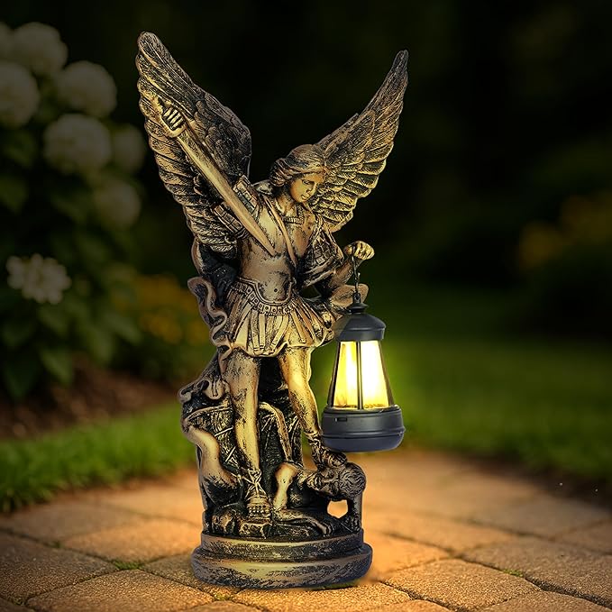 Solar San Miguel Arcangel Outdoor Garden Decor Statues 12.4" Solar St Michael the Archangel Satue for Yard Patio Lawn Porch Decorations Resin St Michael Figurine Religious Collection Sculptures Gifts