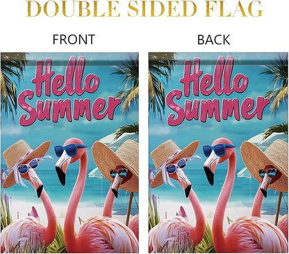 Summer Garden Flag 12x18 Inch Flamingo Hello Summer Tropical Beach Ocean Palm Tree Design Outdoor Yard Porch Lawn Patio Poolside for Seasonal Coastal Farmhouse Home Decor