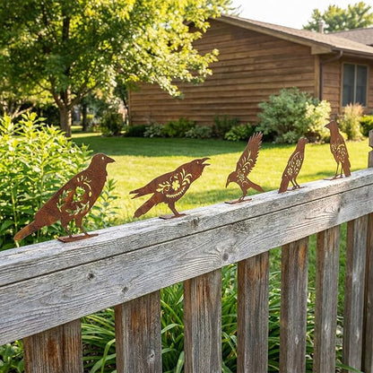 AIM & GGKK Rusty Metal Birds Yard Decor, Set of 5 Metal Bird Silhouette Statues for Garden Fence Yard Art, Rustic Outdoor Garden Sculptures Decorations