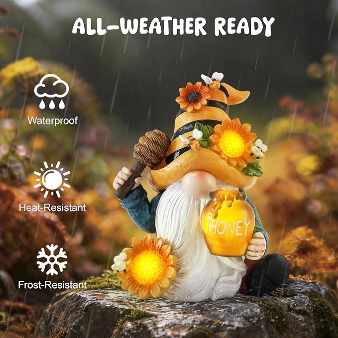 basen Bee Gnome Solar Garden Statue Outdoor Decor, Resin Gnome with Sunflower and Honey Jar, Solar Powered Lighted Yard Lawn Patio Porch Decoration, Waterproof Yard Art