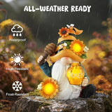 basen Bee Gnome Solar Garden Statue Outdoor Decor, Resin Gnome with Sunflower and Honey Jar, Solar Powered Lighted Yard Lawn Patio Porch Decoration, Waterproof Yard Art