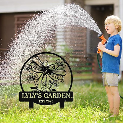 Personalized Metal Dragonfly Garden Signs with Stake, Custom Garden Signs for Outside Waterproof, Customized Name Sign Yard Lawn Gardens Decor Gardening Gifts for Moms Grandmas Gardeners