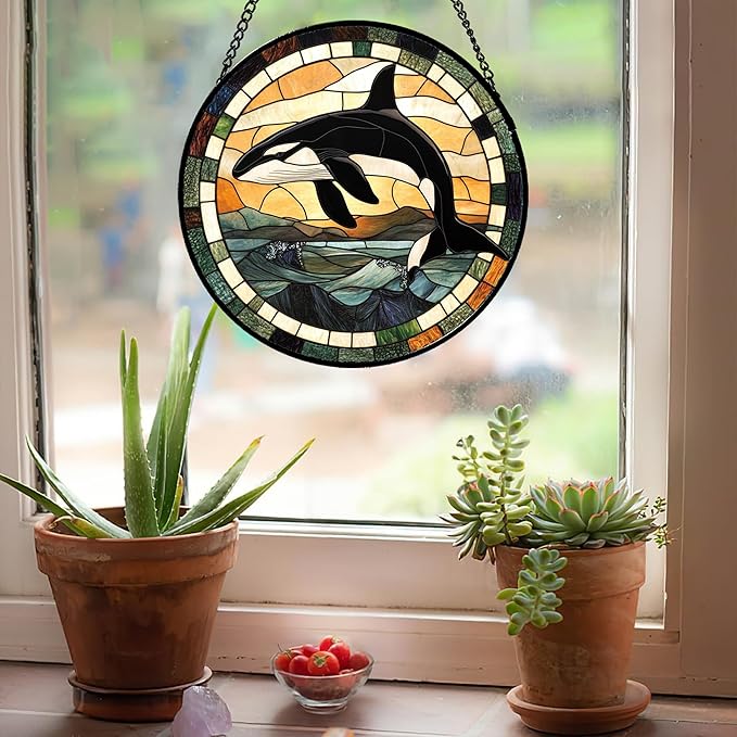 Stained Glass Window Hanging Ocean Wave Killer Whale 9.8" - Suncatcher Door Garden Sunroom Sun Catcher Home Decor Birthday Christmas for Mom Men Woman Nana