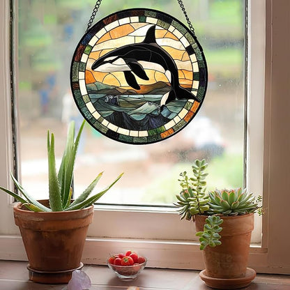 Stained Glass Window Hanging Ocean Wave Killer Whale Large 11.8" - Suncatcher Door Garden Sunroom Sun Catcher Home Decor Birthday Christmas for Mom Men Woman Nana