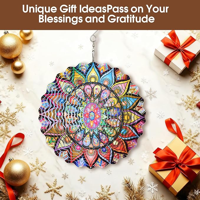 Yu Sen Kai Stainless Steel Wind Spinner, 9.84 Inch 3D Kinetic Hanging Sculpture, Multi Color Mandala Garden Art, Indoor Outdoor Decorative Ornament for Yard Patio Lawn