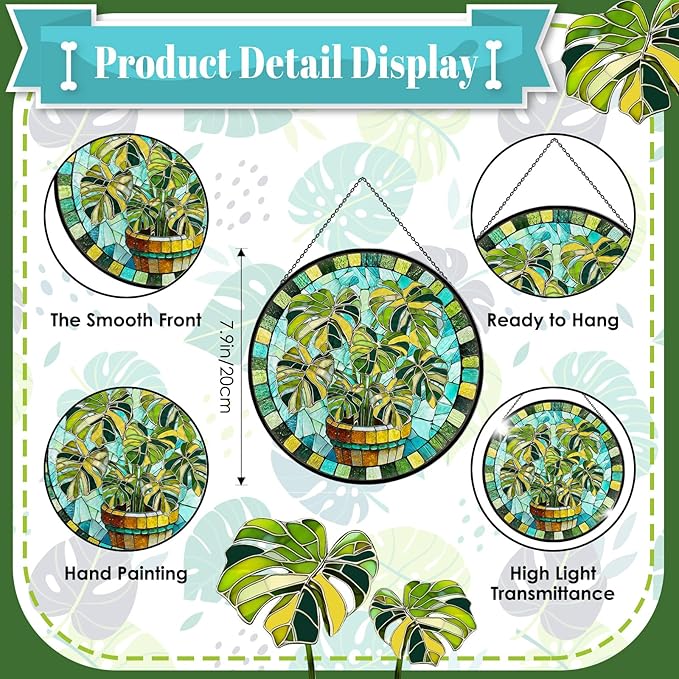 Stained Glass Suncatcher for Window, 7.9" Green Monstera Leaf Sun Catcher Hanging, Colorful Glass Panel Decor for Birthday, Christmas, Housewarming Gifts for Women & Men