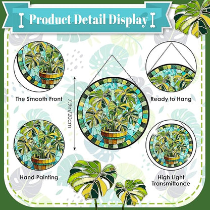 Stained Glass Suncatcher for Window, 7.9" Green Monstera Leaf Sun Catcher Hanging, Colorful Glass Panel Decor for Birthday, Christmas, Housewarming Gifts for Women & Men