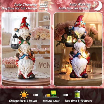 twinbling Garden Gnome Statue with Solar Lights Garden Sculptures Funny Triple Gnome Outdoor Patio Lawn Yard Balcony Home Decor Birthday Gift for Mom Woman Grandma 12 in Mothers Day Gnomes