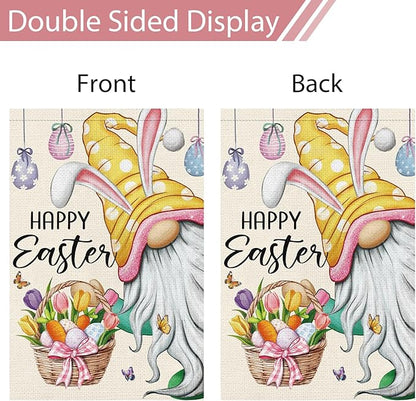 Heyfibro Happy Easter Gnome with Rabbit Ears Garden Flag 12x18 Double Sided Burlap, Funny Bunny Floral Small Yard Flag Easter Egg Banner for Easter Holiday Farmhouse Yard Outdoor Decor(ONLY FLAG)