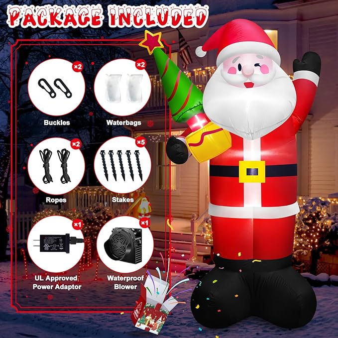 8 FT Tall Giant Santa Inflatable Christmas Decorations Outdoor Tree Blowups, Funny Cute Xmas Blow Up Yard Decoration Build-in LED Lights & Tethers Stakes Winter Holiday Indoor Party Garden Lawn Decor