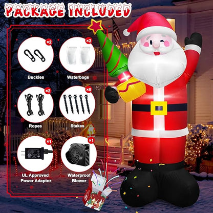 8 FT Tall Giant Santa Inflatable Christmas Decorations Outdoor Tree Blowups, Funny Cute Xmas Blow Up Yard Decoration Build-in LED Lights & Tethers Stakes Winter Holiday Indoor Party Garden Lawn Decor