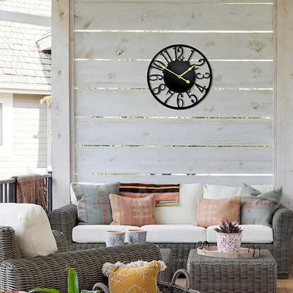 16 Inch Large Outdoor Clock, Silent Battery Operated Modern Wall Clock, Black Metal Decorative Clock for Patio, Porch, Pool Area, Farmhouse, Living Room