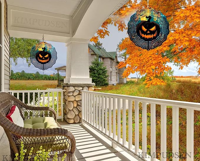 Halloween Pumpkin Wind Spinner Outdoor Decorations, 12in Large Metal 3D Kinetic Wind Sculptures Hanging for Halloween Yard Garden Decor