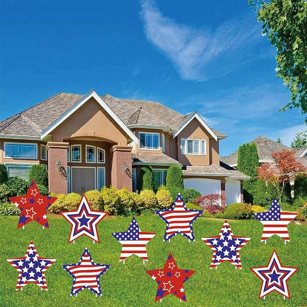 10-Piece 4th of July Star Yard Signs with Stakes - 5 Assorted Designs, 12-Inch Large Patriotic Star Signs for Outdoor Garden and Lawn Decoration for Independence Day Party Favor