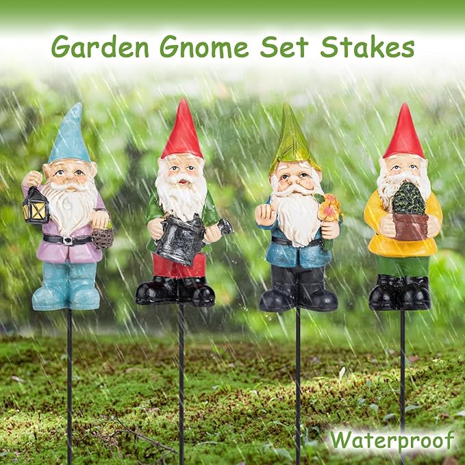 Garden Gnome Statue, Resin Miniature Gnome Set of 4PCS, Figurine with Garden Stakes for Lawn Patio Yard Outdoor Home Decor