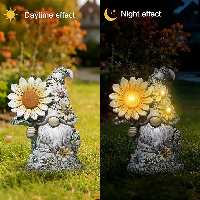 basen Solar Garden Gnome Statue with Glowing Daisy Flower, Outdoor Solar Gnome Figurine Decor for Yard Lawn Patio, Resin Garden Gnome Decoration with LED Light for Garden Landscape Ornament