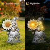 basen Solar Garden Gnome Statue with Glowing Daisy Flower, Outdoor Solar Gnome Figurine Decor for Yard Lawn Patio, Resin Garden Gnome Decoration with LED Light for Garden Landscape Ornament