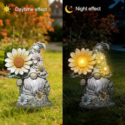 basen Solar Garden Gnome Statue with Glowing Daisy Flower, Outdoor Solar Gnome Figurine Decor for Yard Lawn Patio, Resin Garden Gnome Decoration with LED Light for Garden Landscape Ornament