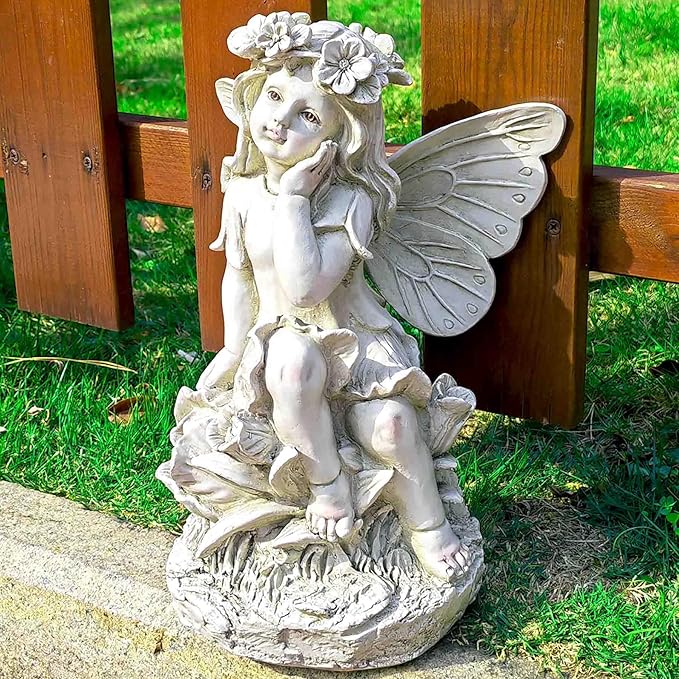 12.8" Outdoor Angel Fairy Statue for Garden – Resin Fairy Figurine, Weather-Resistant Yard Art Decor, Garden Angel Sculpture, Patio Lawn Ornament, Gift for Mom, Grandma, White Finish