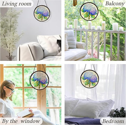 kdqua Hydrangea Flower Suncatcher Stained Glass Window Hanging, Blue Hydrangea Sun Catchers Indoor Window Glass Round Wall Decor, Floral Wall Art Hanging Decorations Statues, 7.9x7.9in