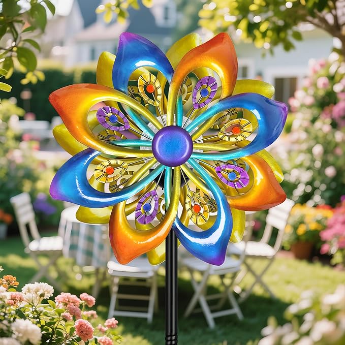 Solar Wind Spinners Outdoor - H60xW13 Metal Yard Art Kinetic Wind Spinners with Colorful LED Crackle Ball, Peacock-Style Windmill for Yard Lawn Garden Decor, Gardening Gifts for Women