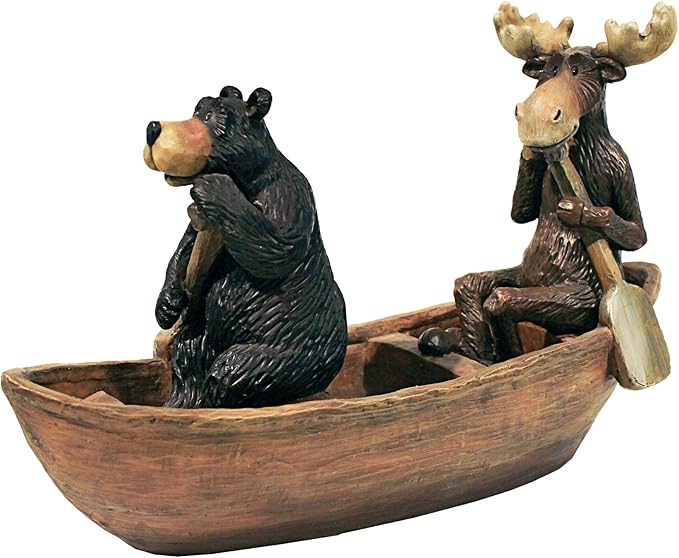 Moose and Black Bear in a Boat Statue